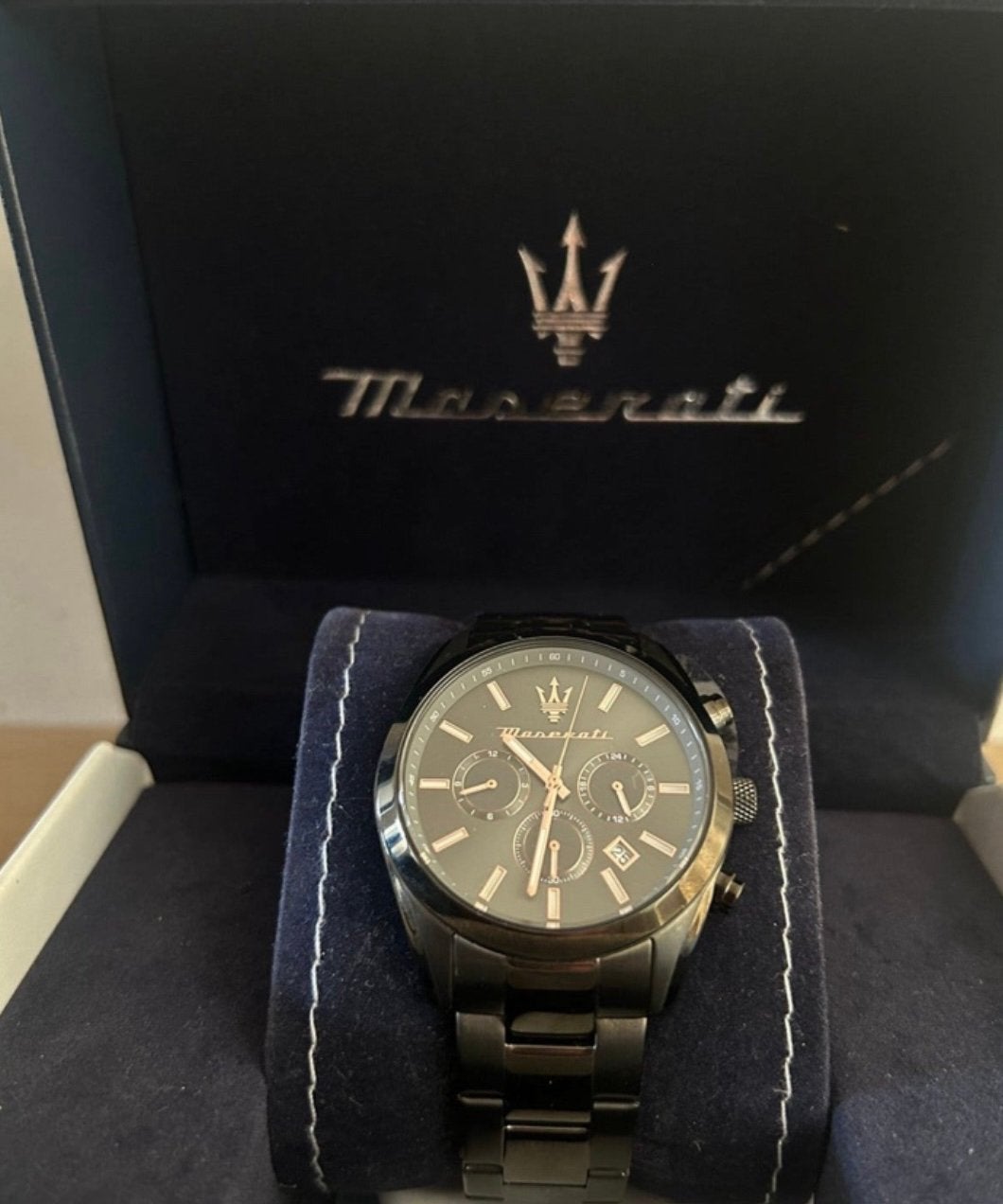Maserati herenhorloge chronograaf–goedalsnieuw–origineledoos, Ophalen, Zo goed als nieuw