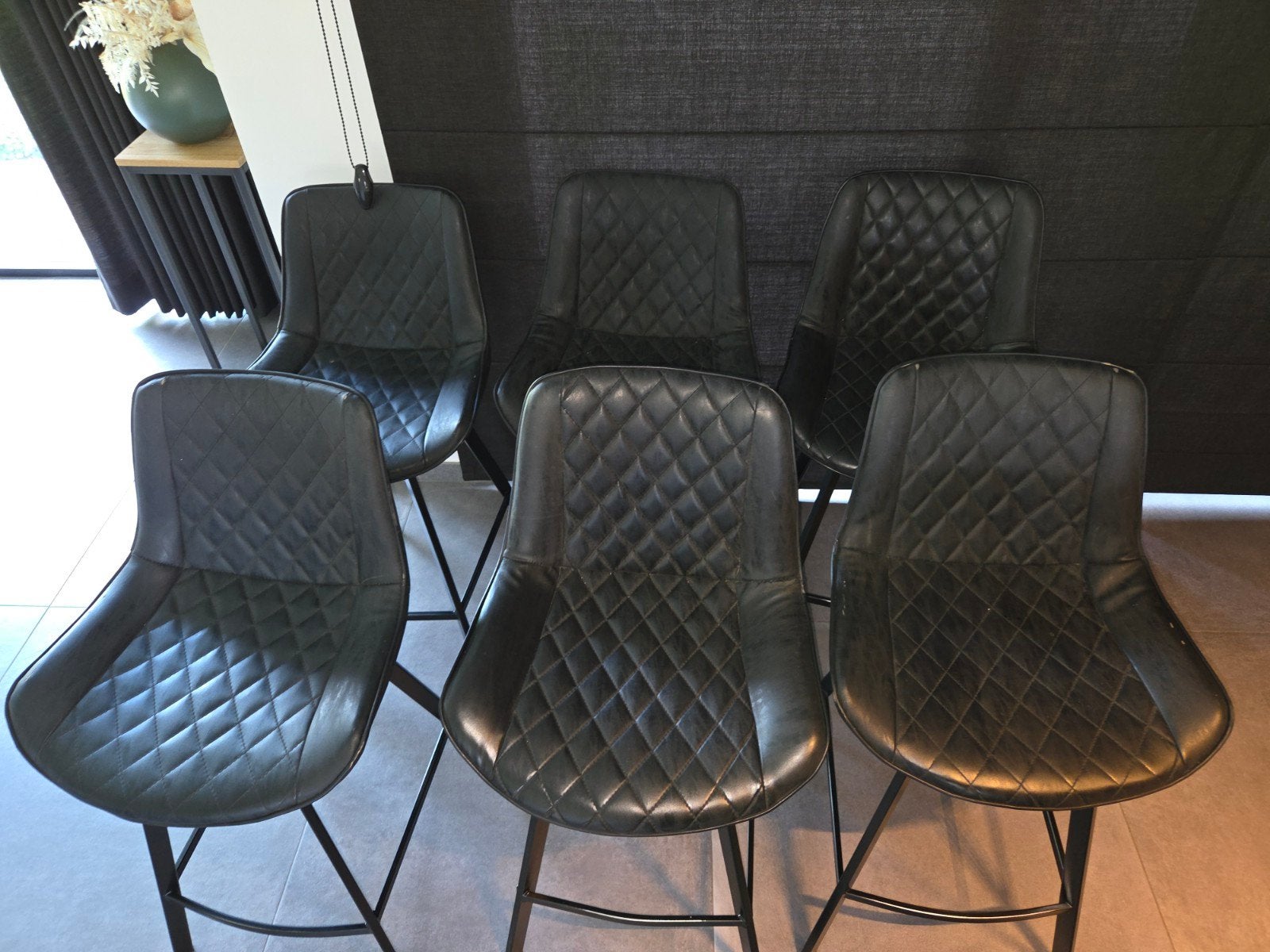 Chaise de bar 6 pièces en cuir gris foncé/noir hauteur d'ass, Avec repose-pieds, Enlèvement, Utilisé, Cuir