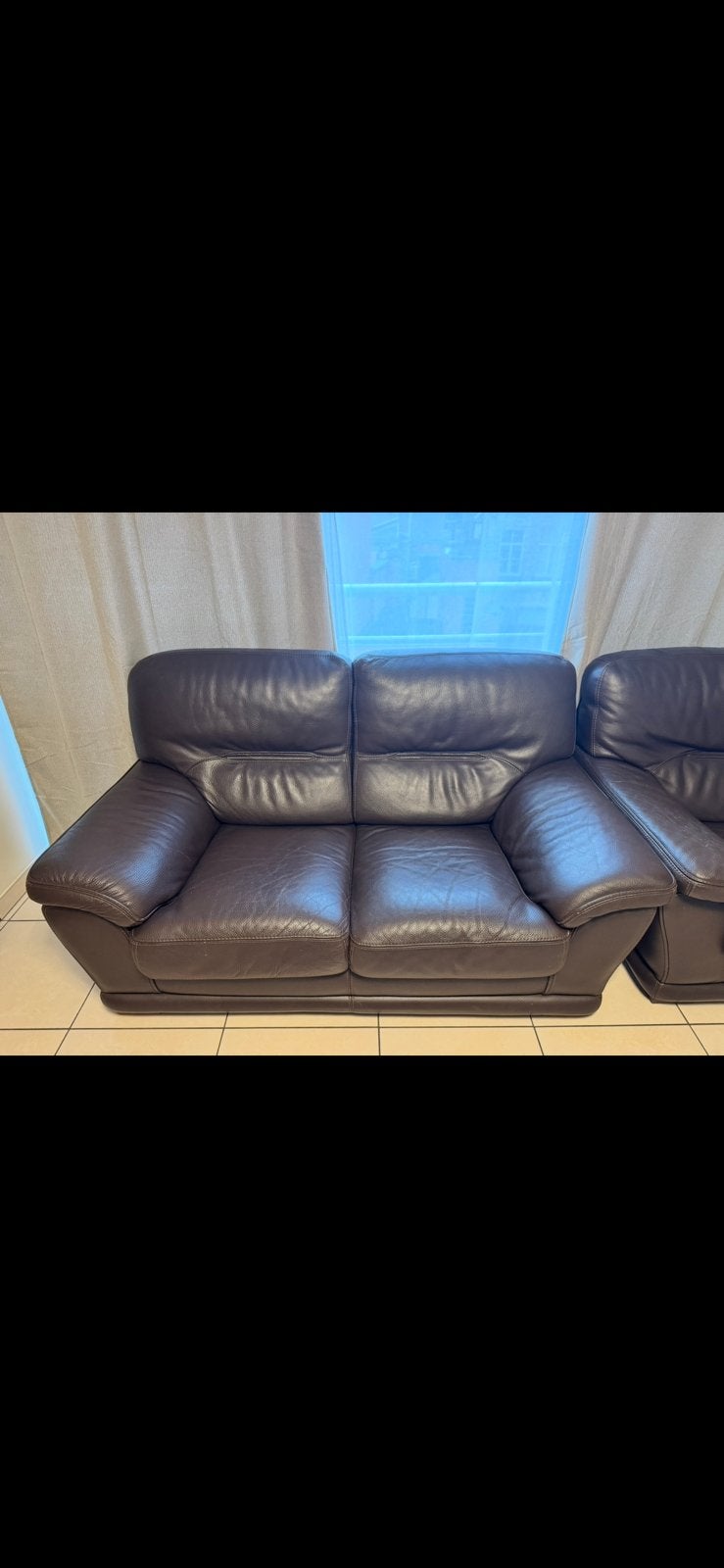 Leren 2-zits zetel + fauteuil, Ophalen, Gebruikt, Tweepersoons, Leer