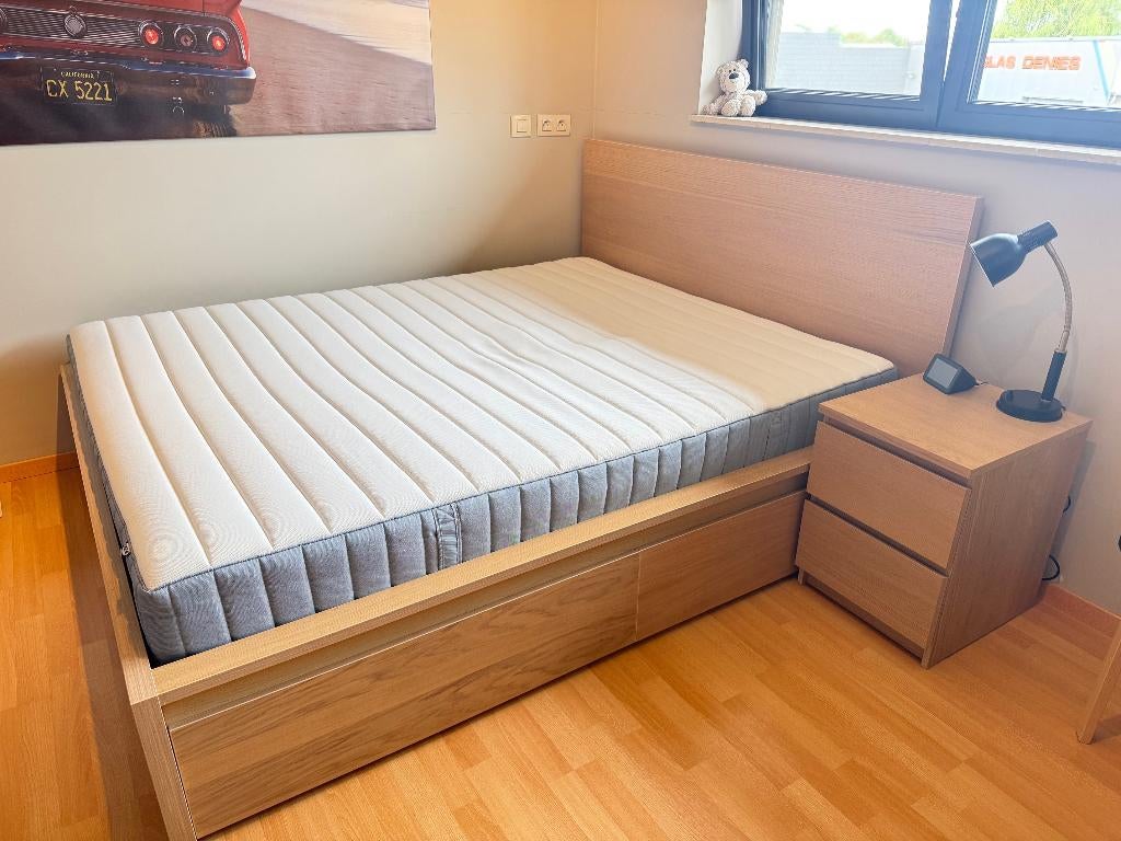 Volledig IKEA MALM Bed 160x200 incl. lattenbodem en matras, Beige, Tweepersoons, Zo goed als nieuw, 200 cm