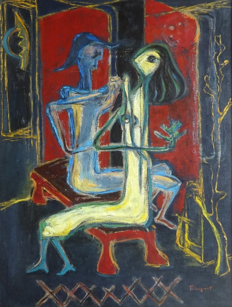 Suzanne Thienpont, doek, Femme et Arlequin 1959, 85x65 cm, Enlèvement
