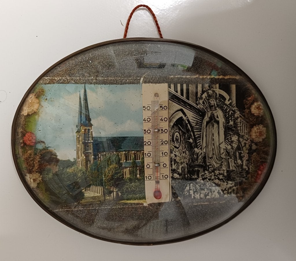 Lourdes medaillon, groot 19x15 cm. bol glas, thermometer, Antiek en Kunst, Ophalen of Verzenden