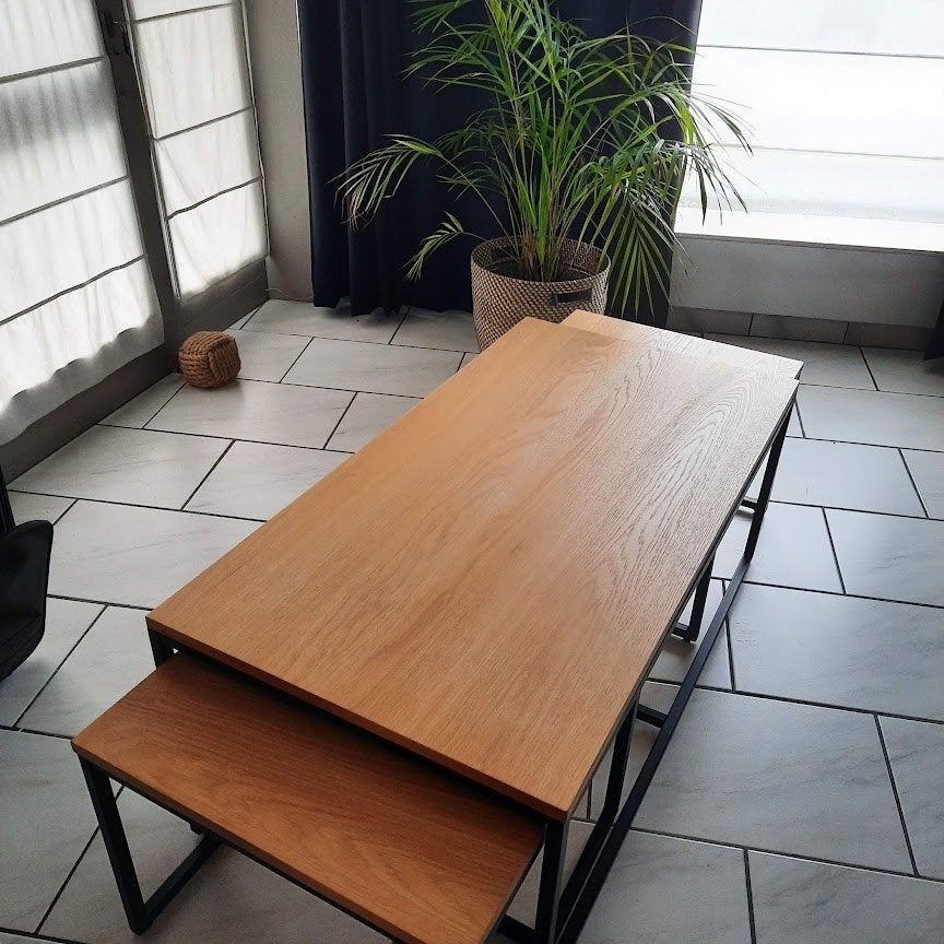 Salontafel 1m15/60 met 2 bijzettafels - Industrieel, Huis en Inrichting, Ophalen, Gebruikt, 100 tot 150 cm, 50 tot 100 cm