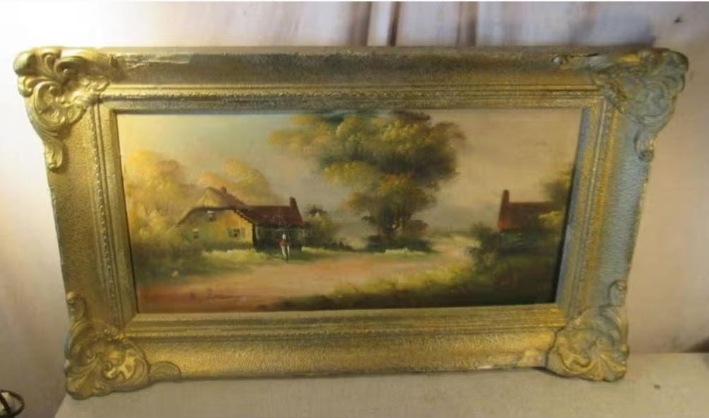 Belle œuvre peinte ancienne « Ferme et grange » - signée, Enlèvement ou Envoi, Peinture à l'huile, Paysage, Encadré