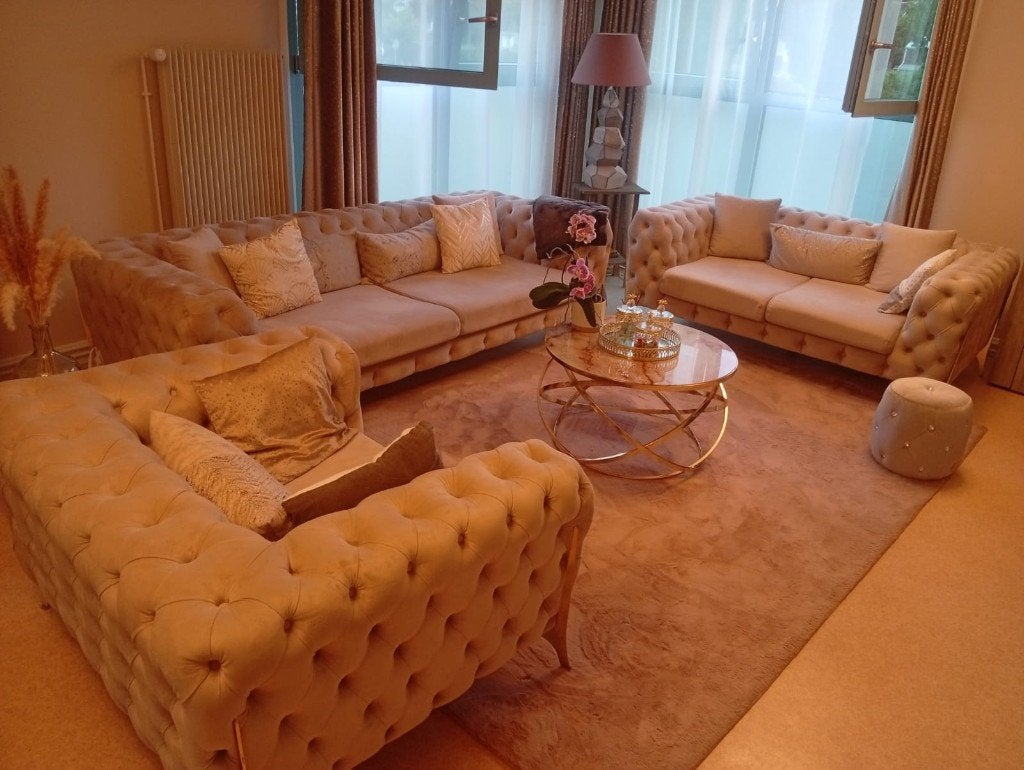 Salon complet napolitaine taupe luxe - 3p + 2p + 1p, Huis en Inrichting, Zetels | Complete zithoeken, Ophalen, Zo goed als nieuw