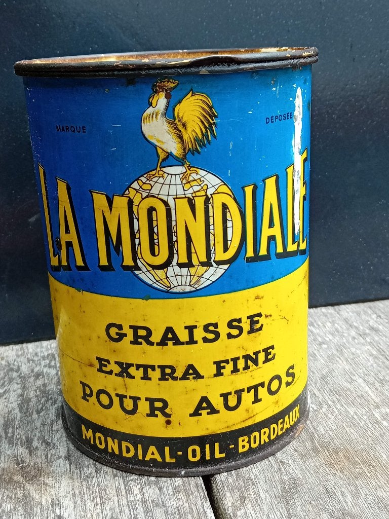 Rare bidon d'huile La Mondiale., Collections, Boîte en métal, Enlèvement ou Envoi, Comme neuf