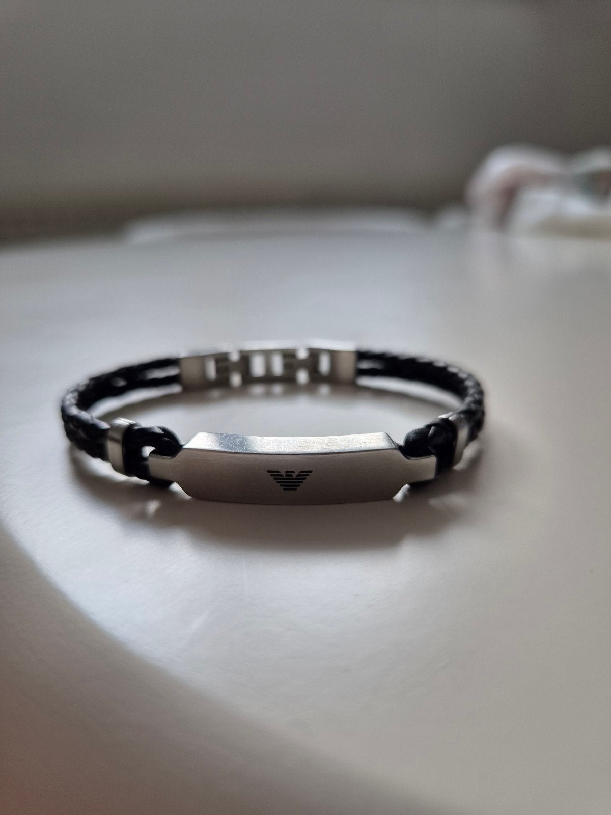 Bracelet Homme Emporio Armani Cuir Tressé Noir & Acier Inoxy, Bijoux, Sacs & Beauté, Enlèvement ou Envoi, Comme neuf, Homme, Argent