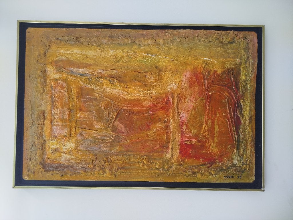 Groot driedimensionaal textuurschilderij gesigneerd Youri 96, Antiek en Kunst, Kunst | Schilderijen | Abstract, Ophalen of Verzenden