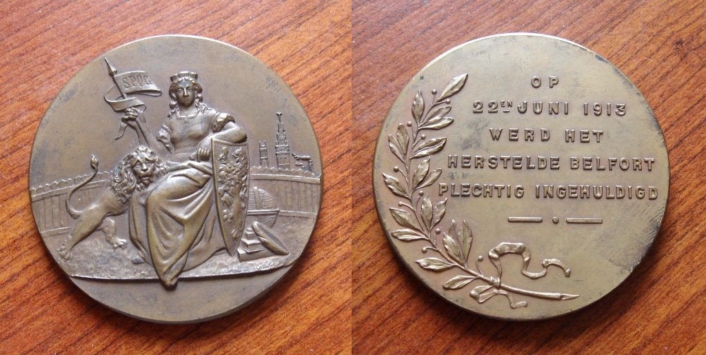 Medaille huldiging herstelde Belfort Gent 1913, Verzenden, Brons