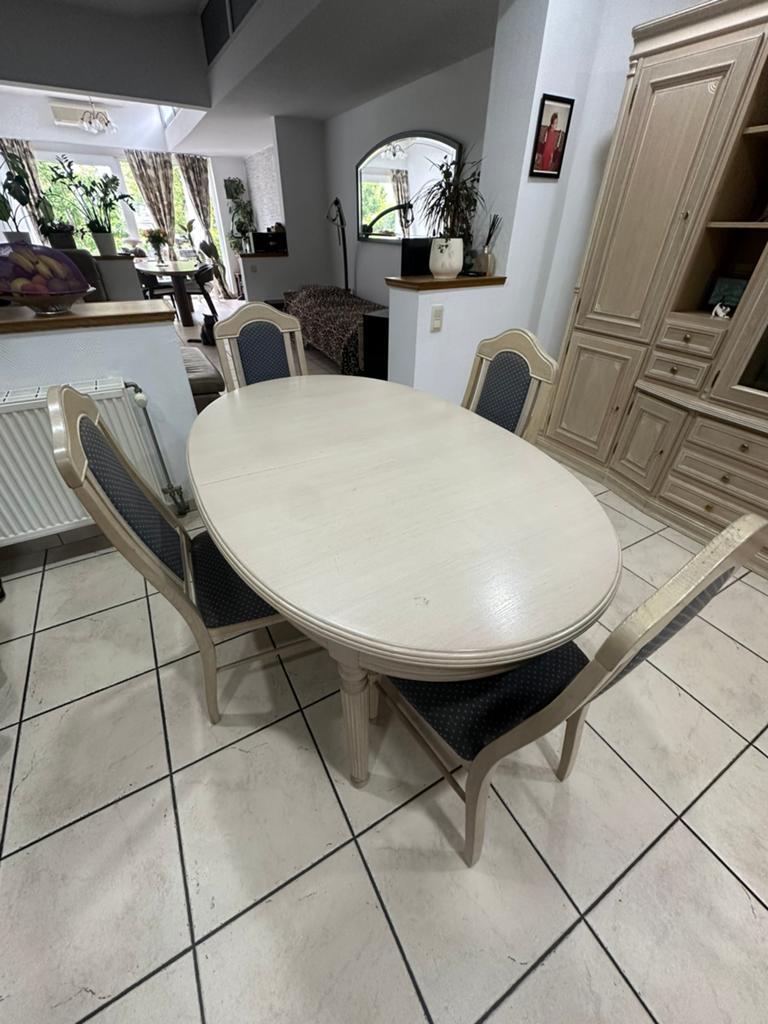 Ovale tafel van massief eikenhout in ceruse met 4 stoelen, Ophalen, Gebruikt, 100 tot 150 cm, Eikenhout