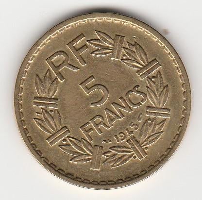 France 5 Francs  1945, Ophalen, Frankrijk, Losse munt