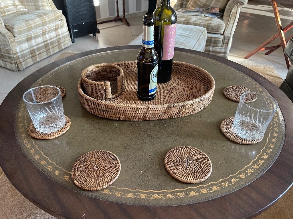 Rattan dienblad ovaal met 6 onderzetters, Ophalen, Zo goed als nieuw, Dienblad, Ovaal