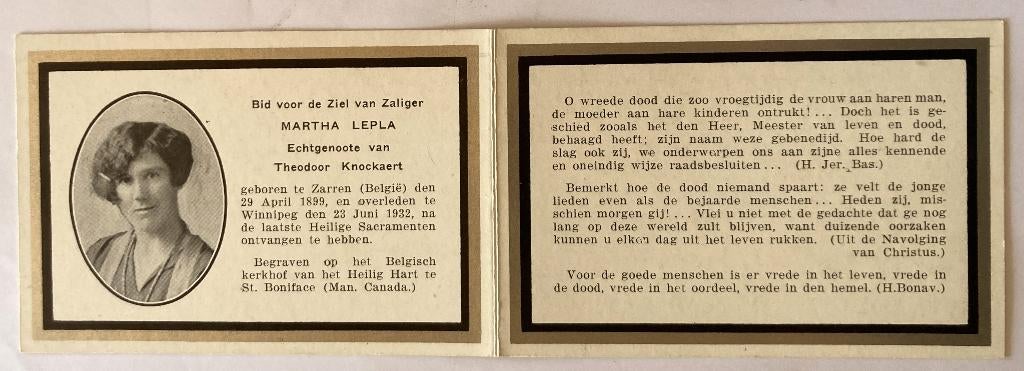 Canadees Bidprentje van Martha Lepla, Ophalen of Verzenden, Bidprentje