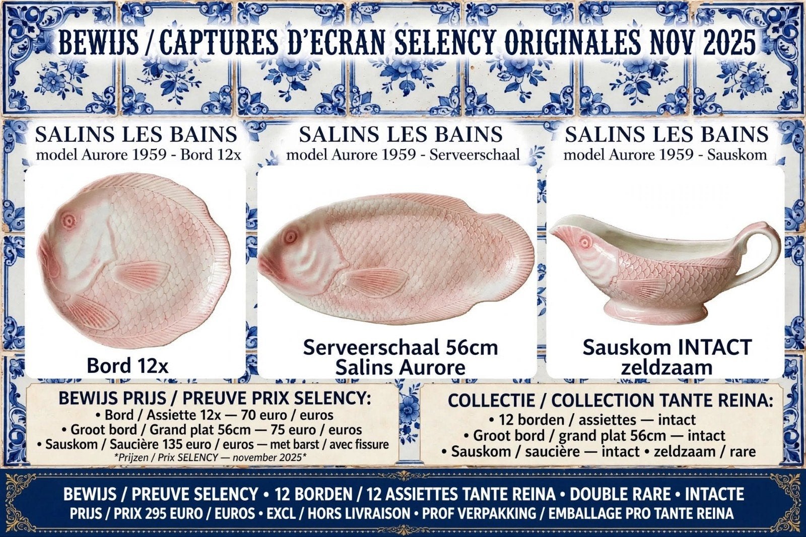 Sac de pêche complet en faïence rose de 14 pièces de la marq, Antiquités & Art, Antiquités | Services (vaisselle) complet, Enlèvement ou Envoi
