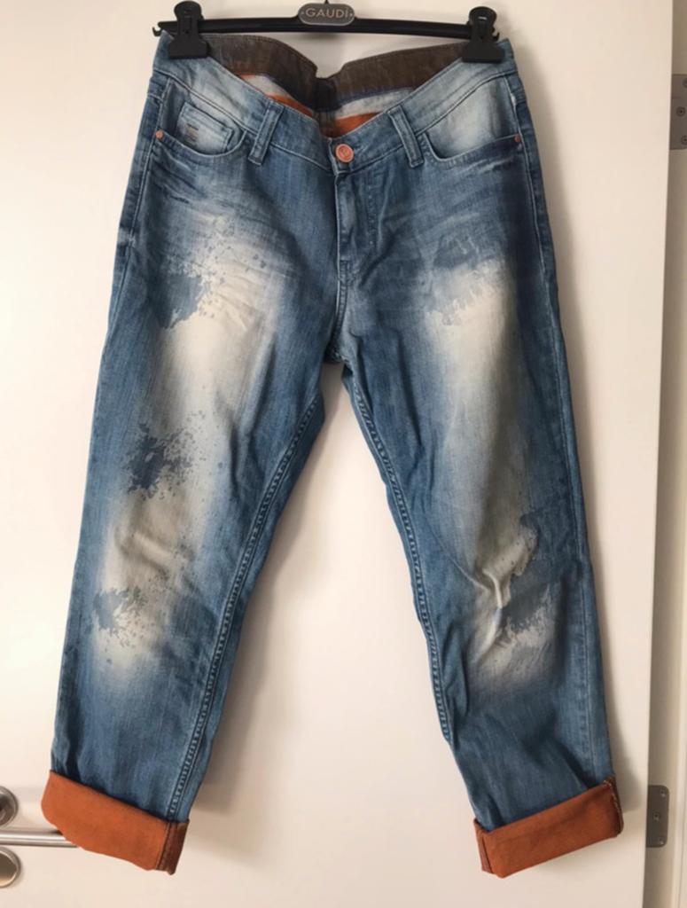 JNjoy verbleekte jeans met vlekeffecten en oranje randen, Kleding | Dames, Ophalen of Verzenden, Gedragen, Blauw, W28 - W29 (confectie 36)