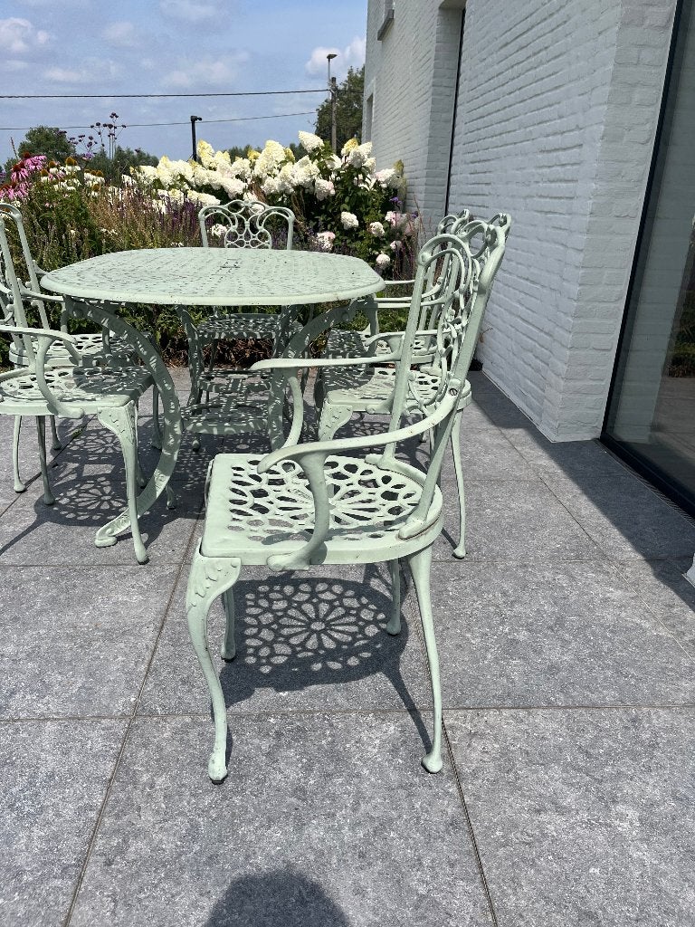 Ensemble de jardin en aluminium moulé-6 personnes-vert sauge, Jardin & Terrasse, Tables de jardin, Utilisé, Ovale, Métal, Enlèvement