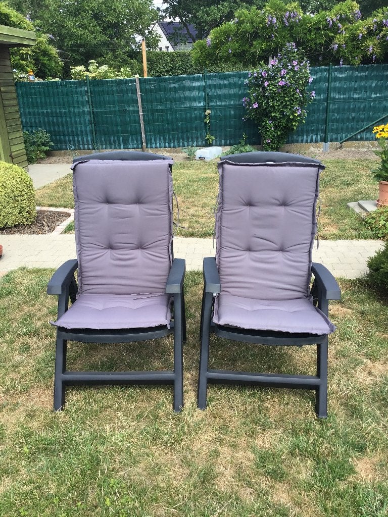 2 hoge kantelbare tuinstoelen met kussens., Jardin & Terrasse, Chaises de jardin, Enlèvement, Comme neuf, Ajustable
