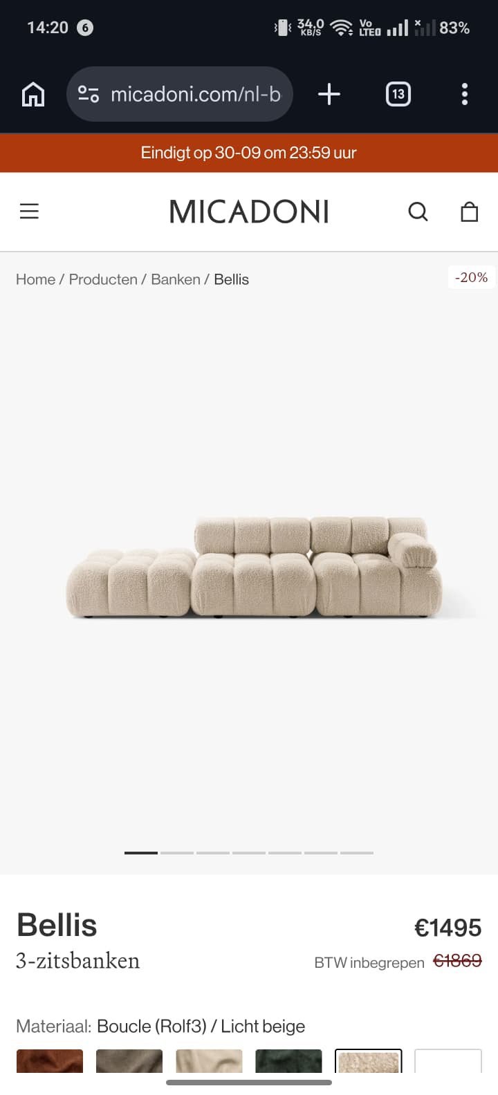 Micadoni Bellis 3-zits in lichtbeige bouclé (Teddy patroon), Ophalen, Zo goed als nieuw, Driepersoons