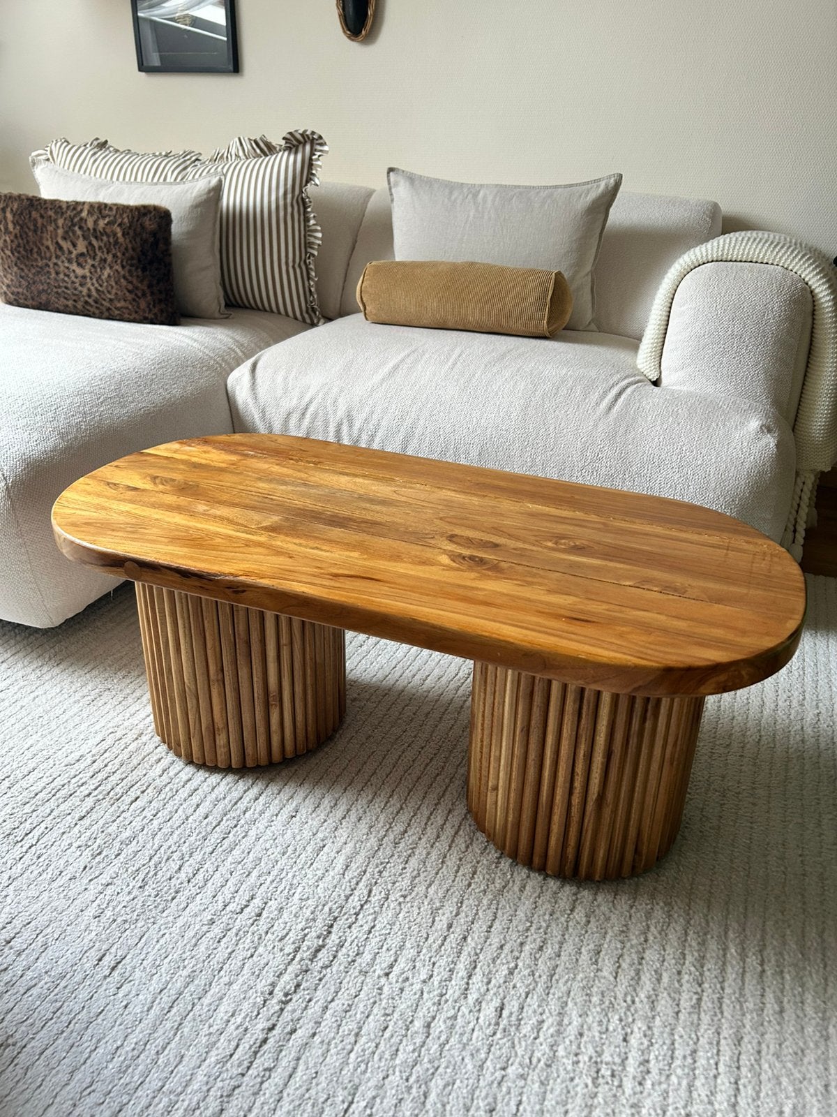 Table basse ovale en bois de teck massif, Maison & Meubles, Teck, 50 à 100 cm, Enlèvement, Utilisé
