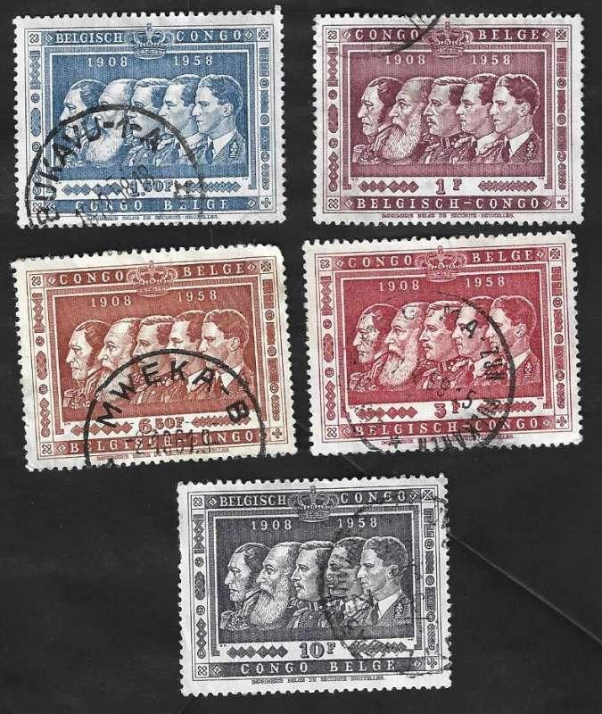 5 Postzegels 50 jaar Belgisch Congo Koningen van België, Koninklijk huis, Frankeerzegel, Ophalen of Verzenden, Gestempeld