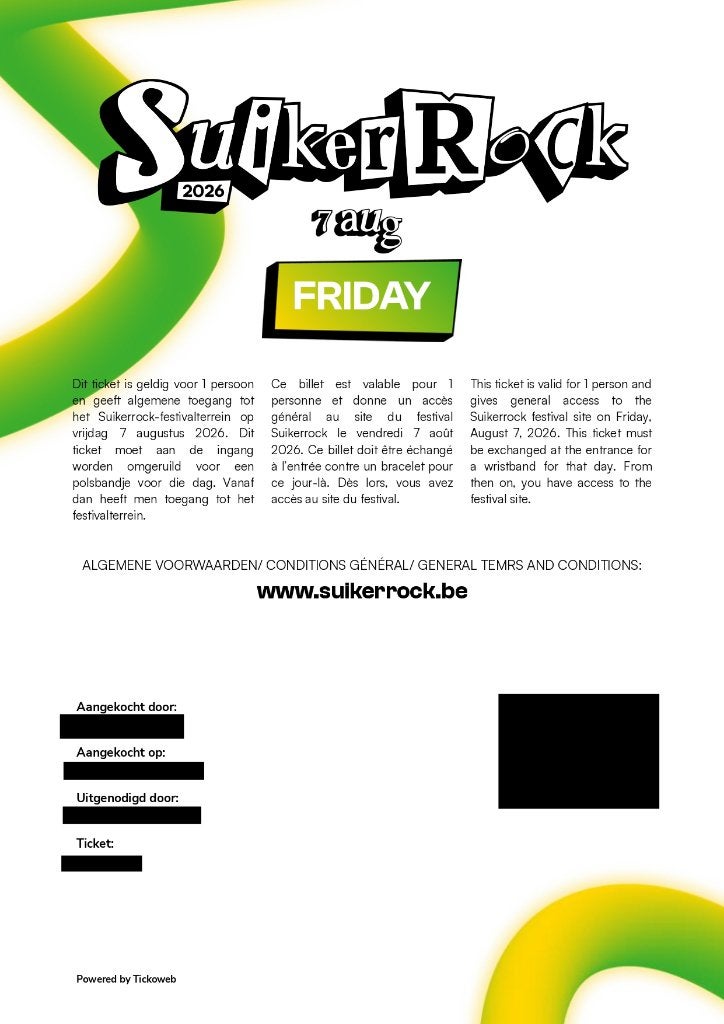 Un ou deux billets d'un jour pour Suikerrock le 7 août, Tickets & Billets