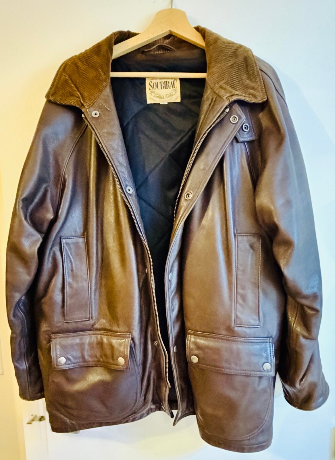 VESTE MOTO SOUBIRAC EN CUIR BRUN – L/XL, Motos, Enlèvement ou Envoi, Seconde main, Hommes, Autres types