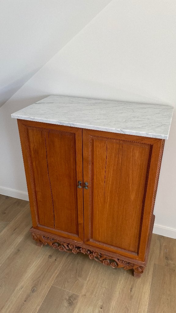 Barkast teak met wit marmeren tableau 99x80x45cm, Ophalen, Gebruikt, Rustiek, Teakhout