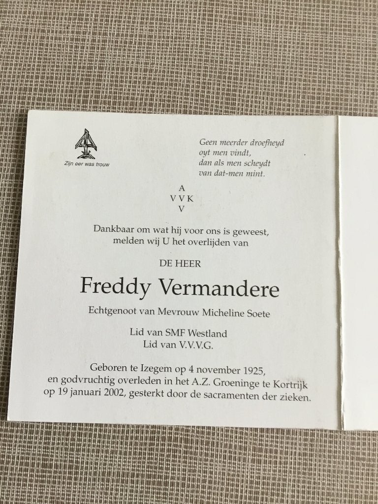 Soldaat, Oostfronter F.Vermandere Izegem +Kortrijk AVV-VVK, Verzamelen, Ophalen of Verzenden, Bidprentje