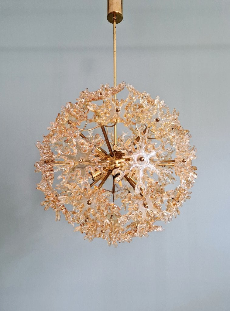 Grote Sputnik-kroonluchter in amberkleurig Murano-glas, 1960, Antiek en Kunst, Ophalen