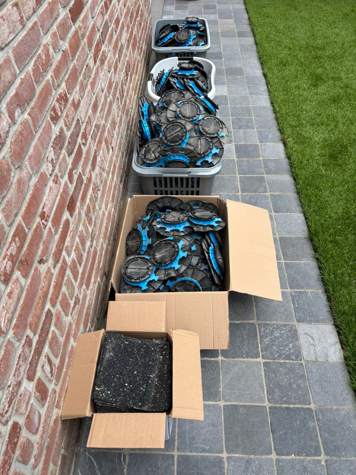 Tegeldragers + rubberen matjes voor terrasaanleg, Jardin & Terrasse, Pavé & Dalles, Utilisé, Enlèvement