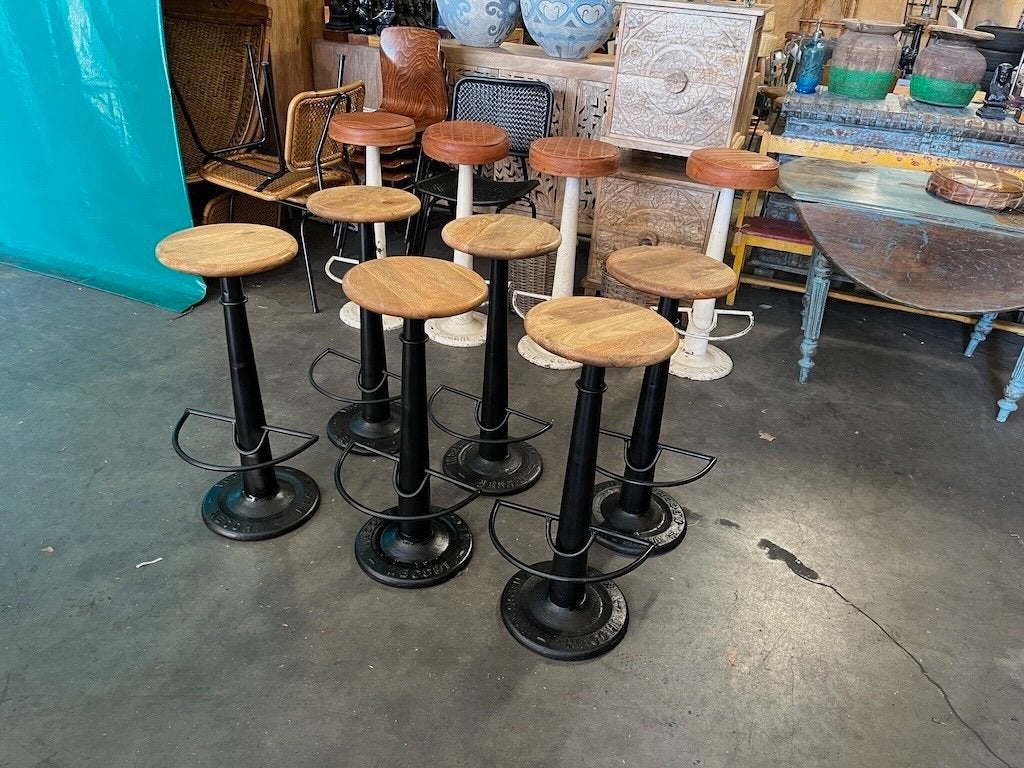 6 tabourets de bar industriels Necchi, assise en métal, bois, Avec repose-pieds, Comme neuf, Enlèvement, Bois