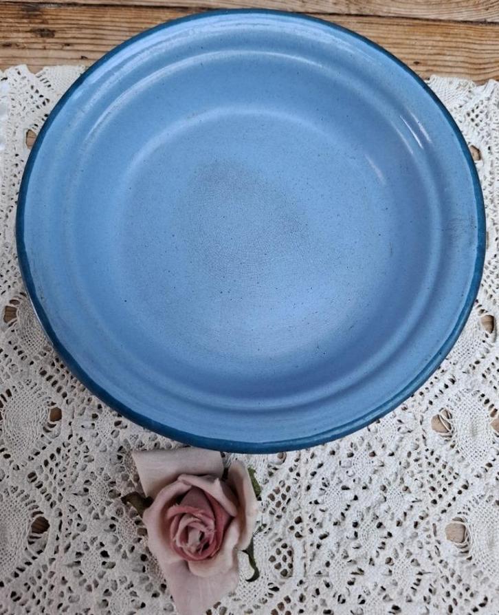 Franse brocante blauw emaille schaaltje, turquoise randje, Ophalen of Verzenden