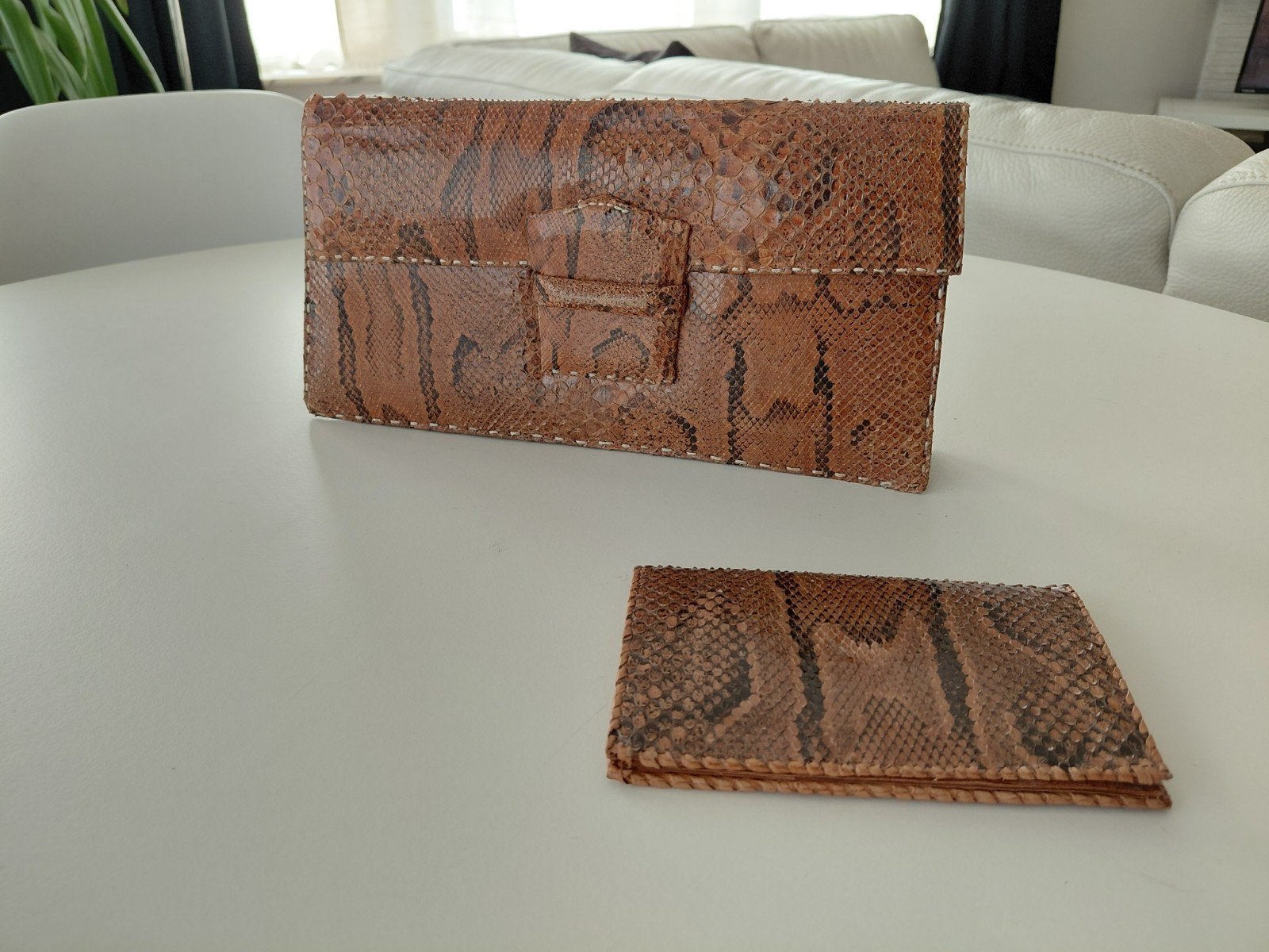 Ensemble pochette et portefeuille vintage, Enlèvement ou Envoi, Utilisé, Brun, Autres types