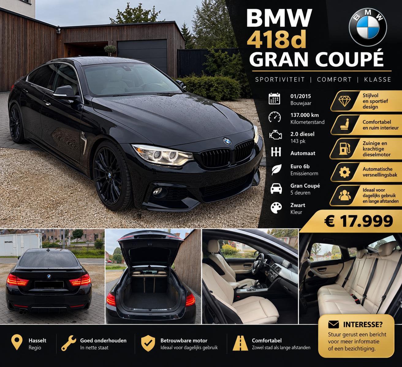 Bmw 418d M-sport, Auto's, Automaat, Zwart, Leder, 105 kW