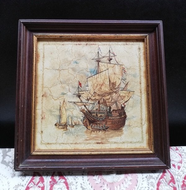 Vintage tegel naar het werk van Willem van de Velde., Vintage, Ophalen of Verzenden, Gebruikt, Bruin