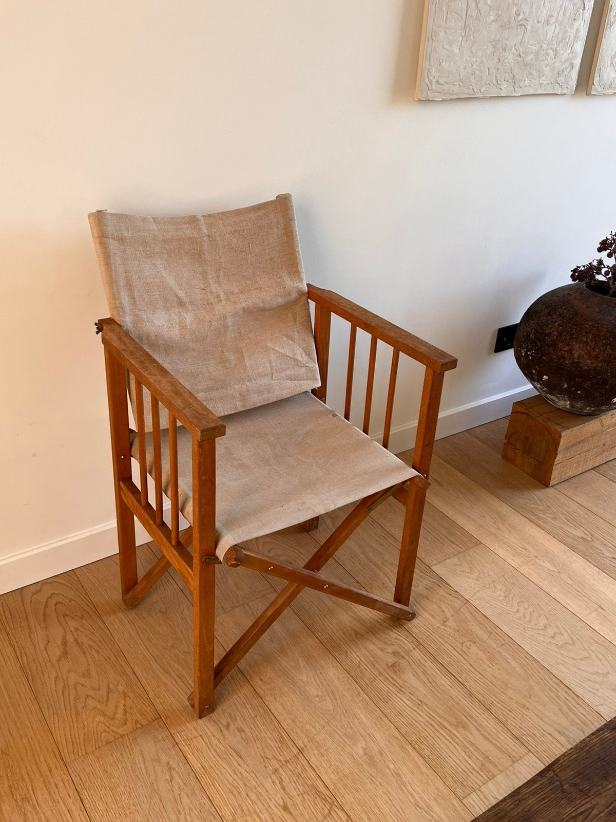 Houten regisseurstoel met linnen zitting, Huis en Inrichting, Stoelen, Ophalen, Zo goed als nieuw