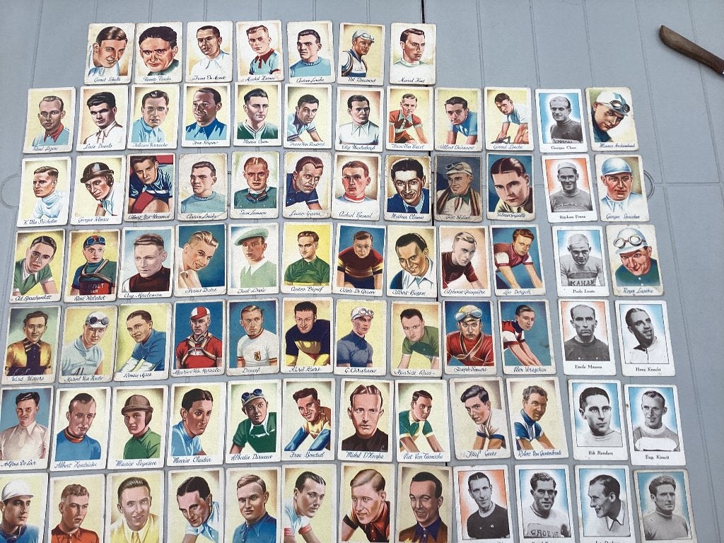 79 zeer oude chromos prenten wielrenners de Beukelaar, Ophalen of Verzenden, Gebruikt