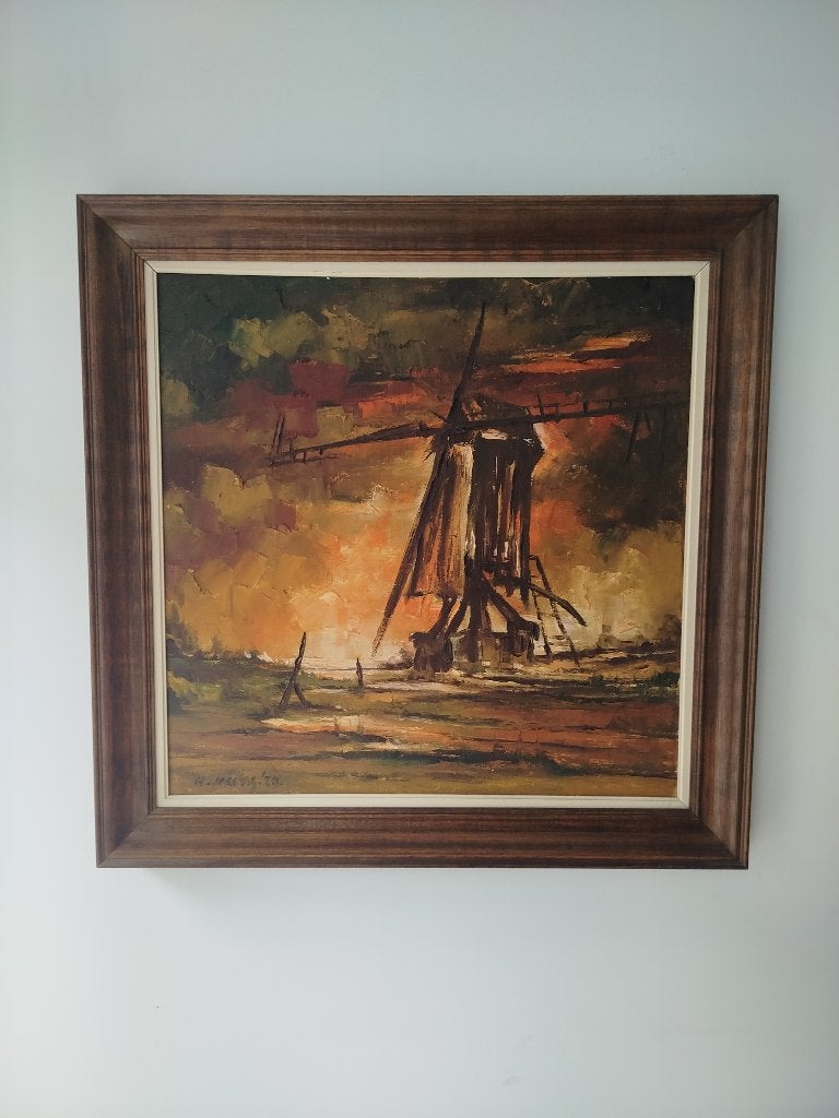 Groot Olieverfschilderij 'Molen bij Avondrood' H. Jacobs '75, Doek, Gedateerd, Ophalen of Verzenden, Landschap