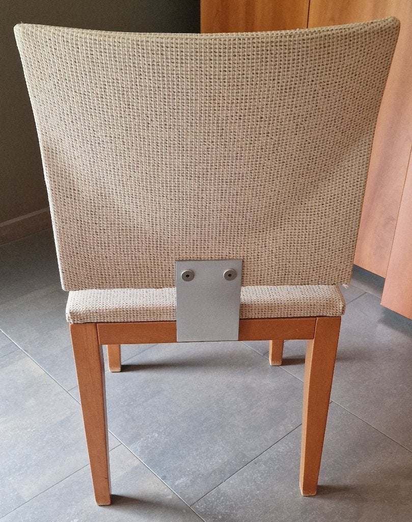 6 eetkamerstoelen — beige stof, houten poten, Maison & Meubles, Chaises, Autres couleurs, Bois, Comme neuf, Enlèvement