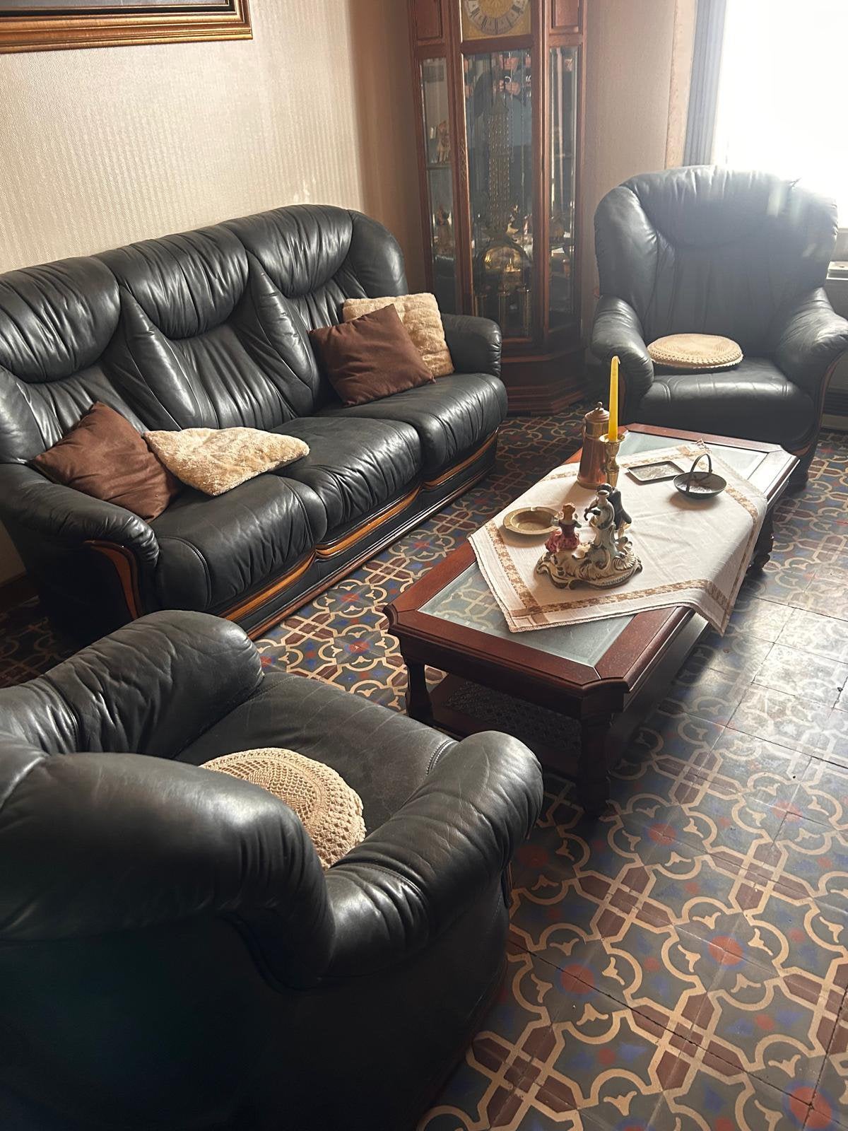Lederen salon (3 zetels), Huis en Inrichting, Ophalen, Gebruikt