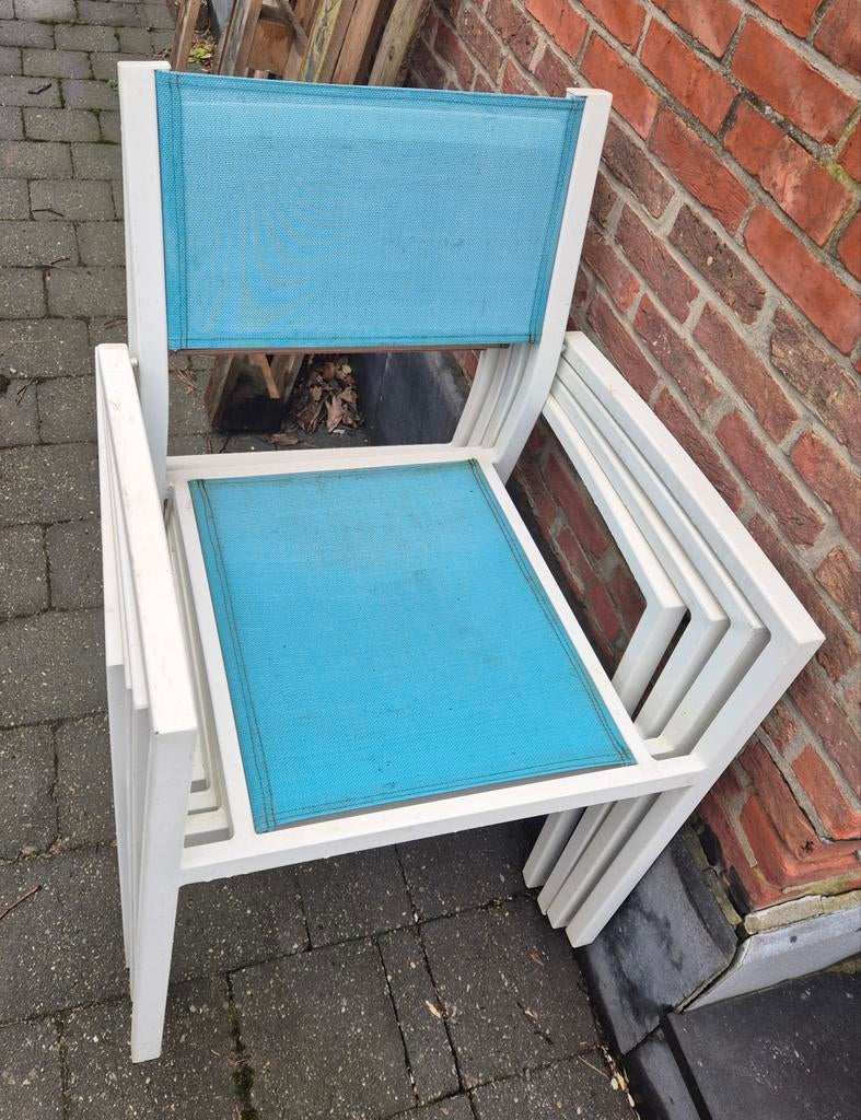 4 aluminium tuinstoelen – stevige set – goede staat, Tuin en Terras, Tuinstoelen, Ophalen, Gebruikt, Aluminium, Stapelbaar