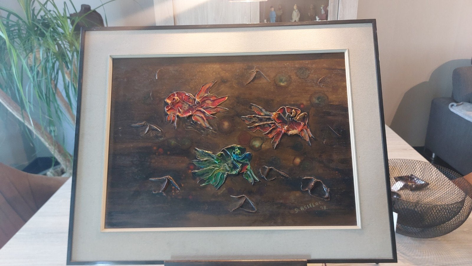 Belle peinture en relief 3D - Dominique Asselot (68x52 cm), Enlèvement ou Envoi, Vintage, Daté, Métal