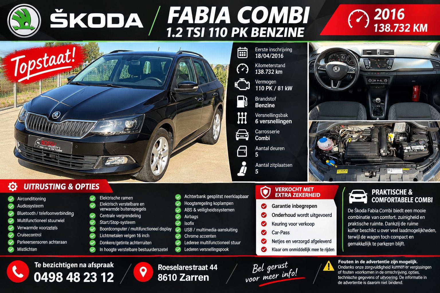ŠKODA FABIA COMBI 110 PK TOPSTAAT – GARANTIE + KEURING, Auto's, Bedrijf, ABS, Te koop, Benzine