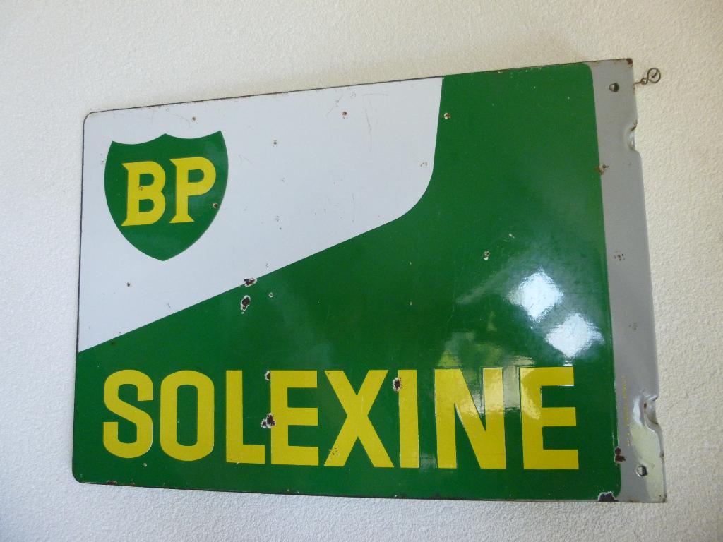 EMAILLE DUBBELZIJDIG RECLAME BORD"BP SOLEXINE "UIT 1962, Ophalen of Verzenden, Gebruikt, Reclamebord