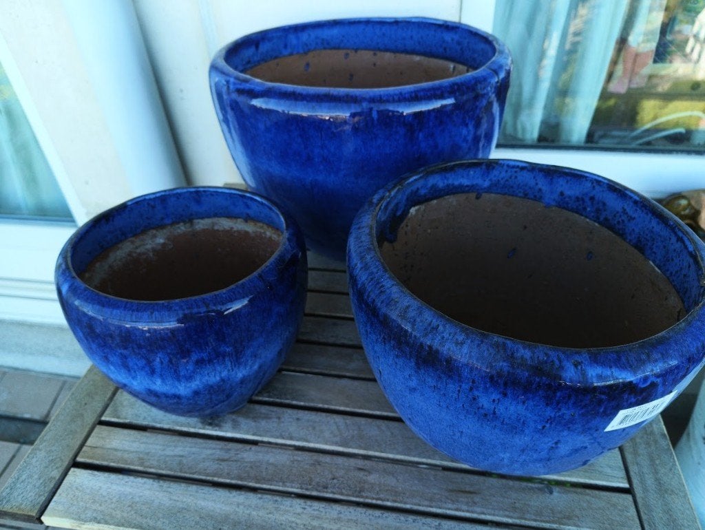 Lot de trois pots en grès vernissé bleu, 25 à 40 cm, Comme neuf, Enlèvement, Intérieur