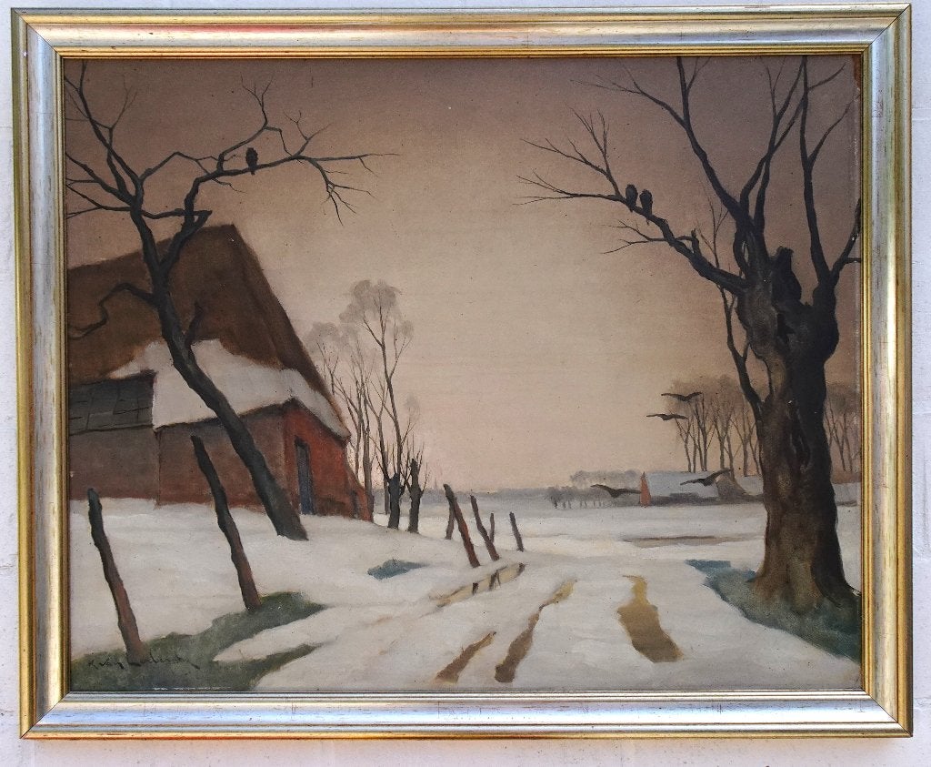KAREL VAN LERBERGHE "WINTERLANDSCHAP" OLIE BOARD, Paneel, Impressionistisch, Ophalen of Verzenden, Olieverf