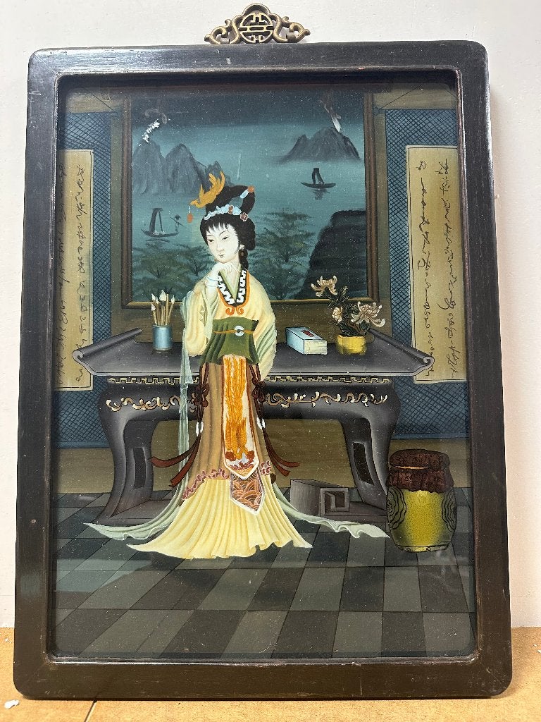 Chinese schilderij - 51 x 37, Enlèvement, Vintage, Sous verre, Portrait ou Personnes