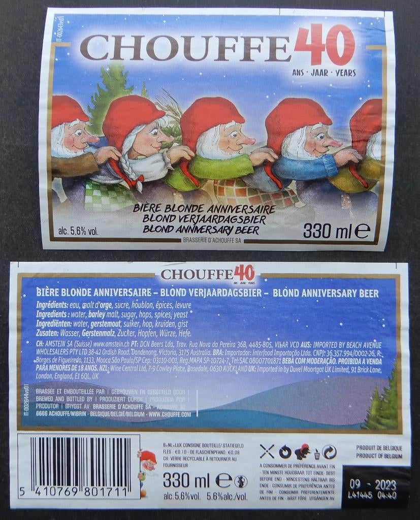 Étiquette de bière Chouffe 40 ans Brasserie d'Achouffe 13f1, Envoi, Utilisé