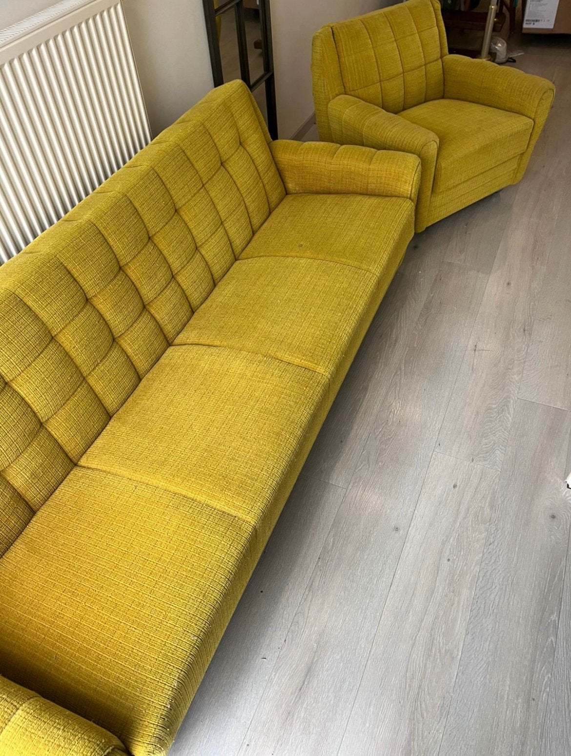 Vintage click clack sofa bed en bijpassende zetel, Huis en Inrichting, Ophalen, Gebruikt, Jaren 70 / mid-century