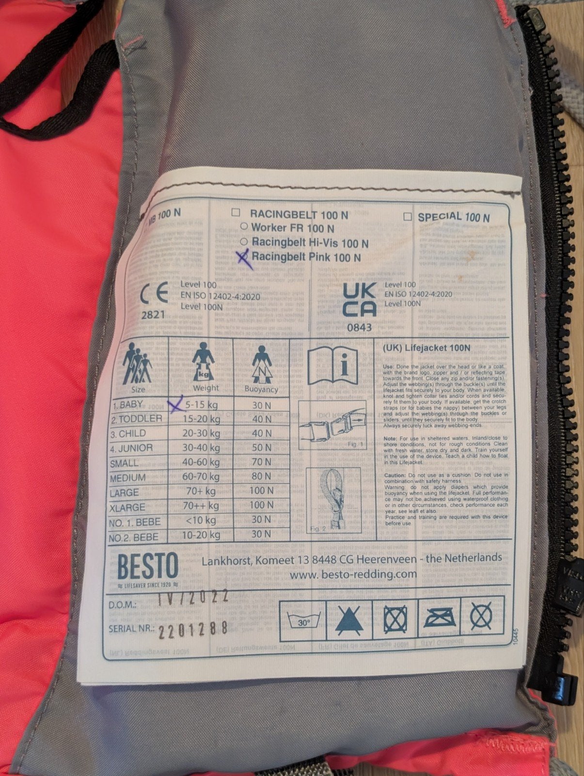 Besto reddingsvest baby 5-15kg Racingbelt pink 100N, Ophalen of Verzenden